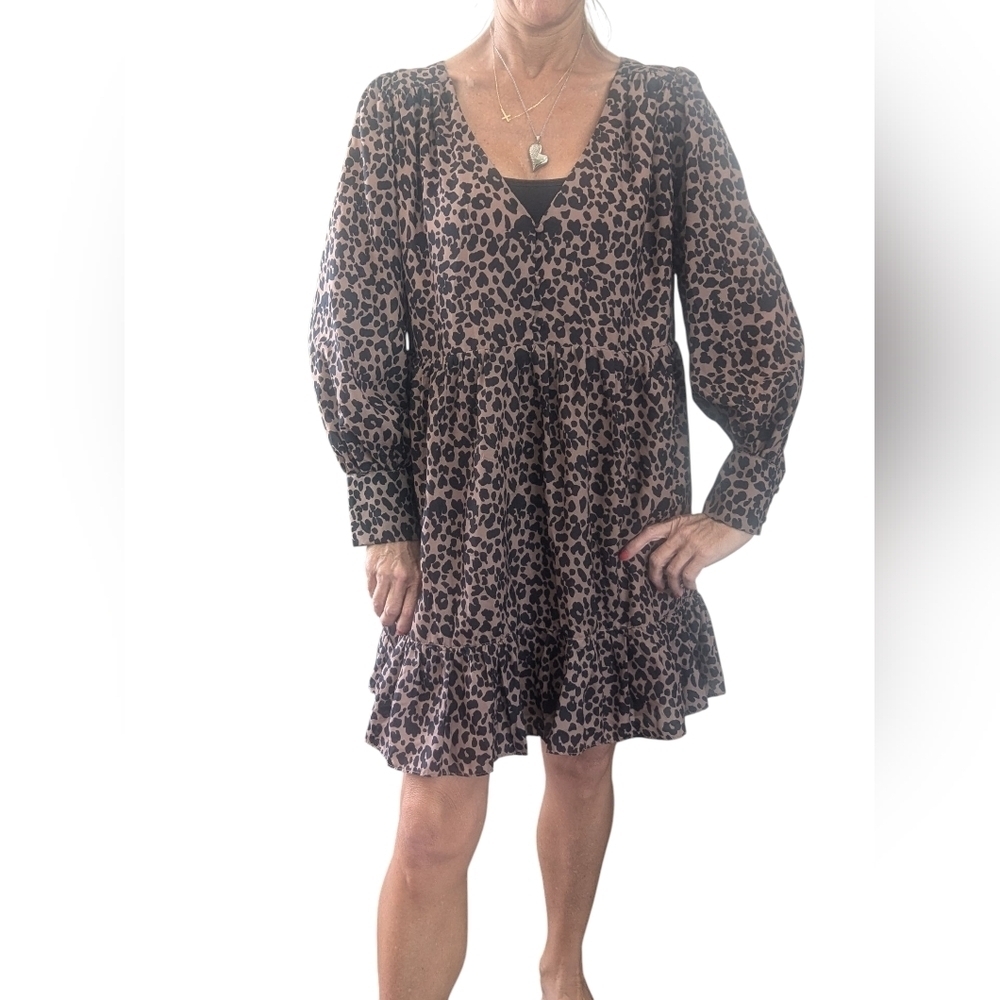 Lulus Leopard Print Trendy Long Sleeve Empire Waist Mini Party Dress Size M